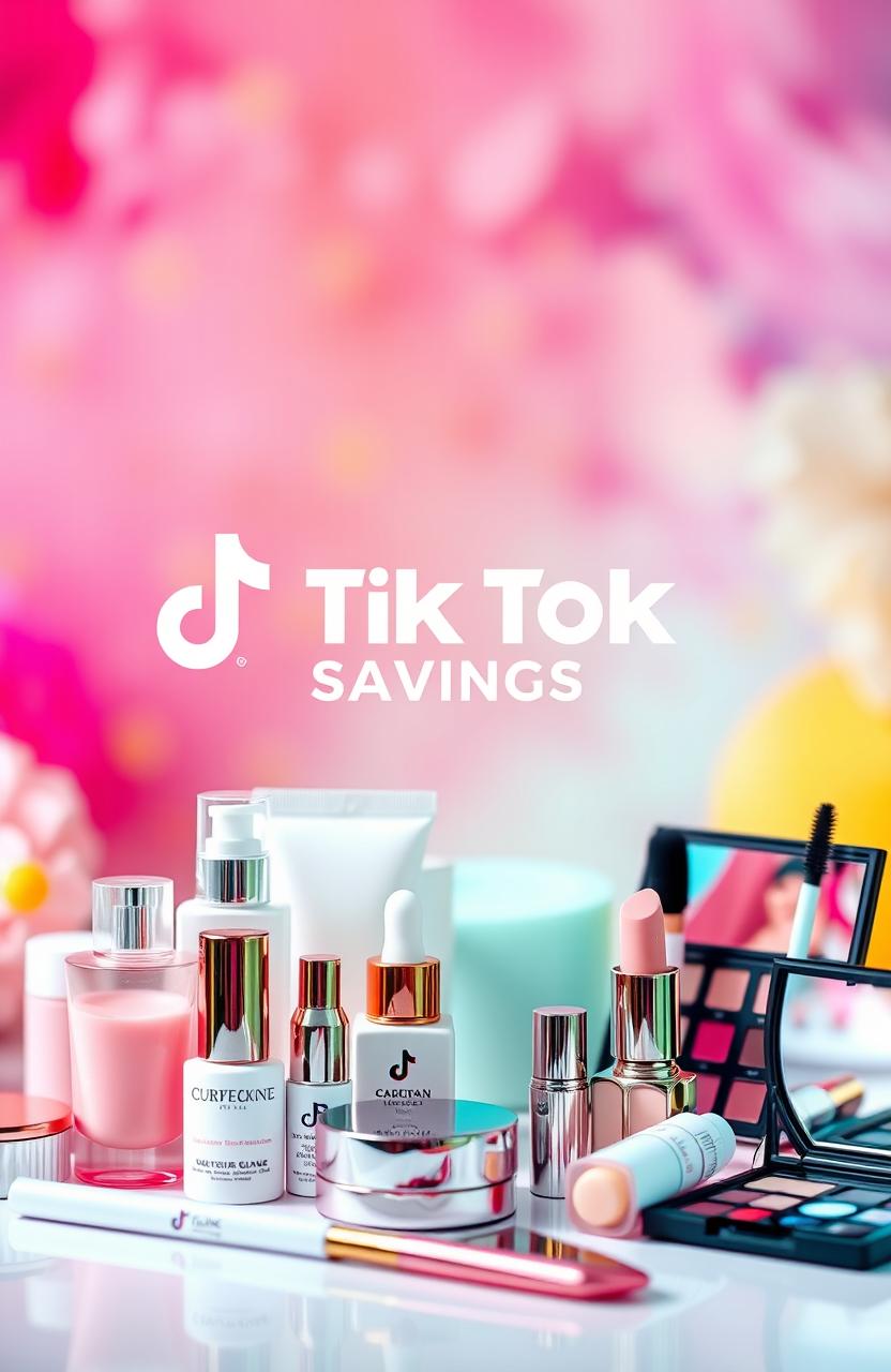 A vibrant and colorful TikTok shop cover photo for 'Home Premium Savings', featuring a variety of beauty products artistically arranged in the foreground