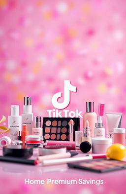 A vibrant and colorful TikTok shop cover photo for 'Home Premium Savings', featuring a variety of beauty products artistically arranged in the foreground