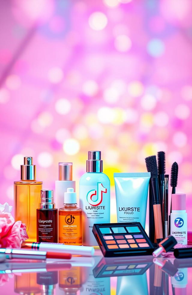 A vibrant and colorful TikTok shop cover photo for 'Home Premium Savings', featuring a variety of beauty products artistically arranged in the foreground