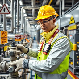 An engaging image of a chemical plant featuring safety equipment and warning signs