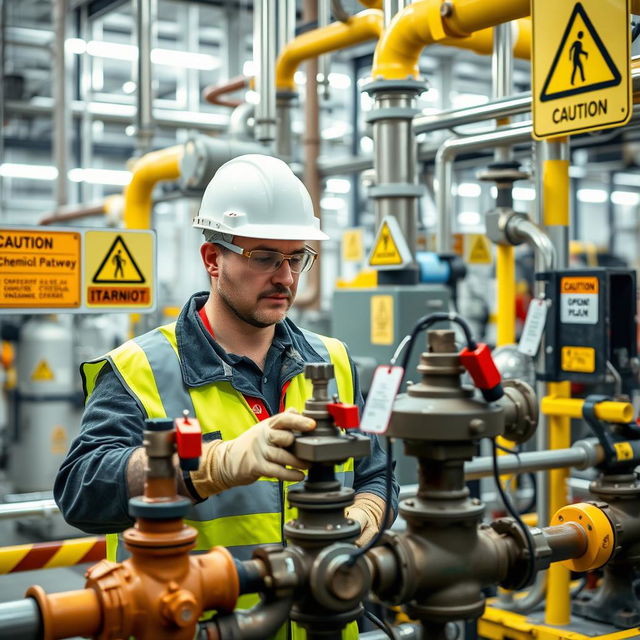 An engaging image of a chemical plant featuring safety equipment and warning signs