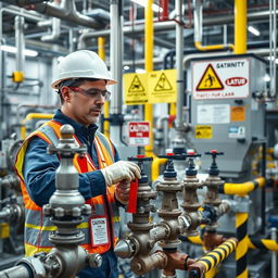 An engaging image of a chemical plant featuring safety equipment and warning signs