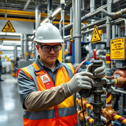 An engaging image of a chemical plant featuring safety equipment and warning signs