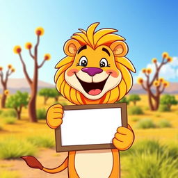 A cheerful lion with a big smile, holding a colorful signboard in its paw