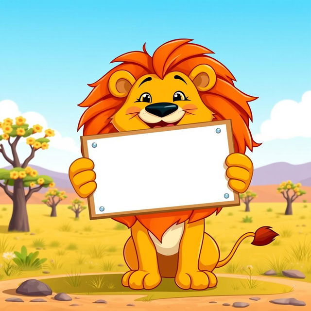 A cheerful lion with a big smile, holding a colorful signboard in its paw