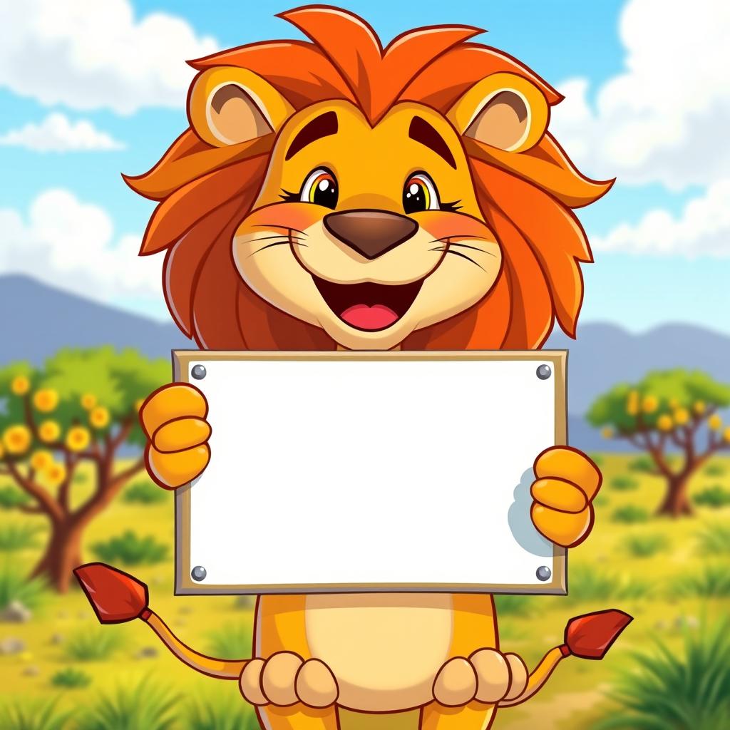 A cheerful lion with a big smile, holding a colorful signboard in its paw