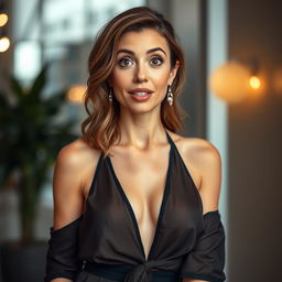 A beautiful 40-year-old woman dressed in a sexy yet modest outfit, showcasing her alluring style without revealing any skin
