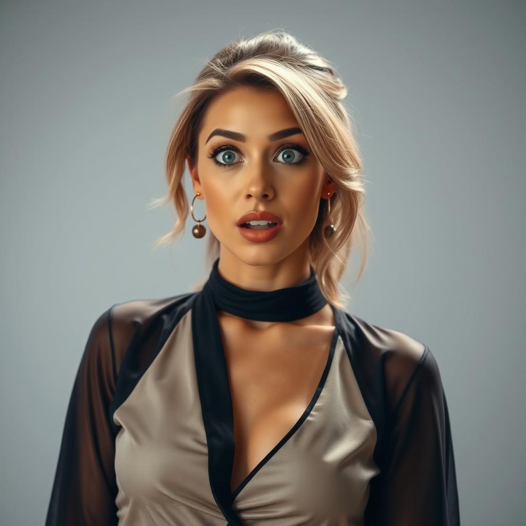A beautiful 40-year-old woman dressed in a sexy yet modest outfit, showcasing her alluring style without revealing any skin