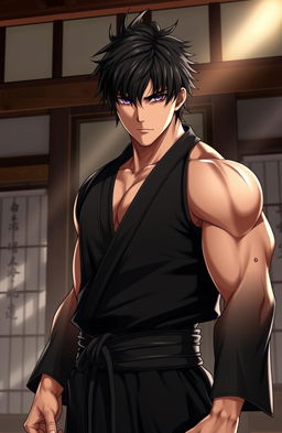 A male martial artist with shaggy black hair and striking amethyst eyes, dressed in a sleek black martial arts gi