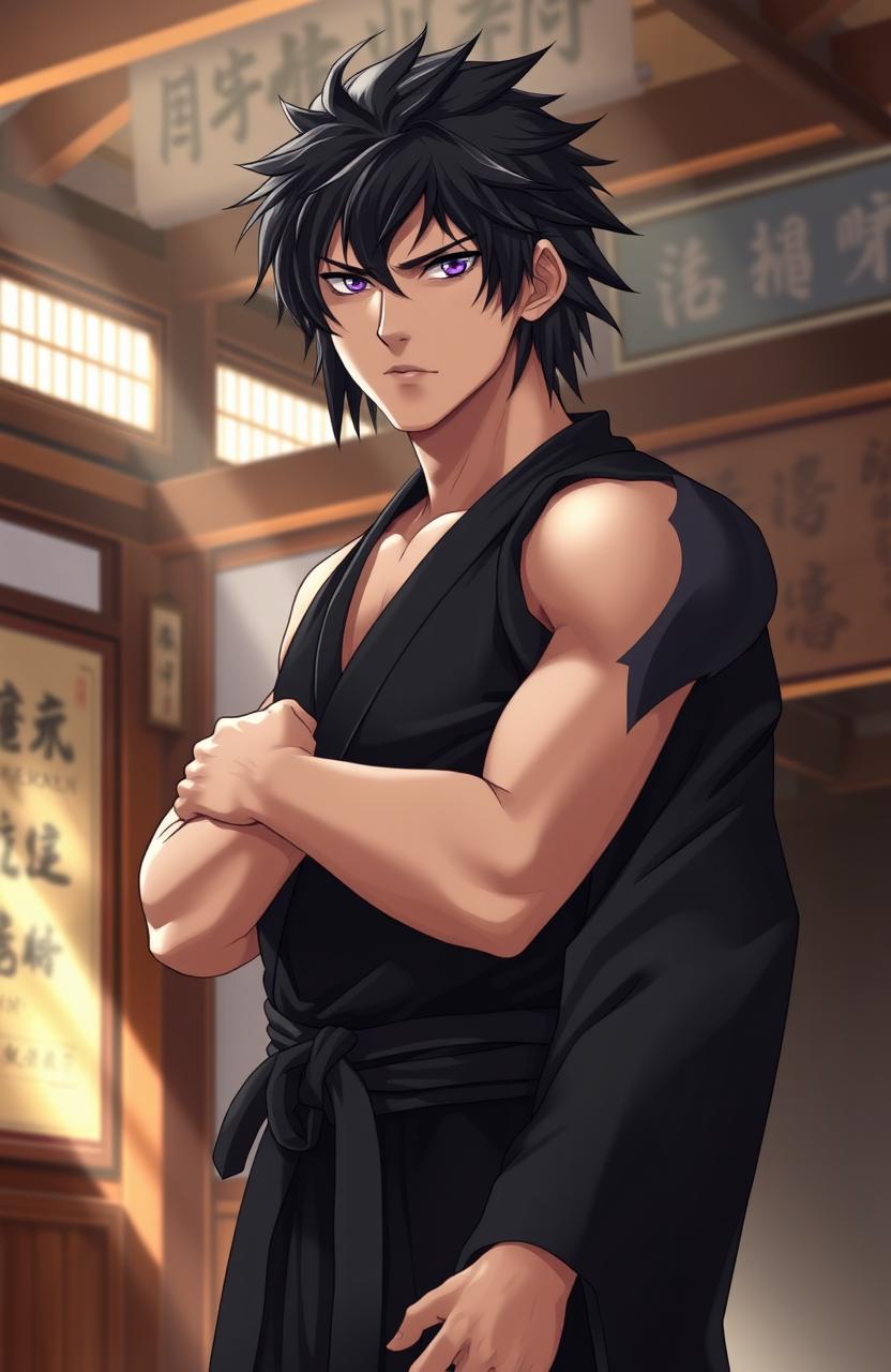 A male martial artist with shaggy black hair and striking amethyst eyes, dressed in a sleek black martial arts gi