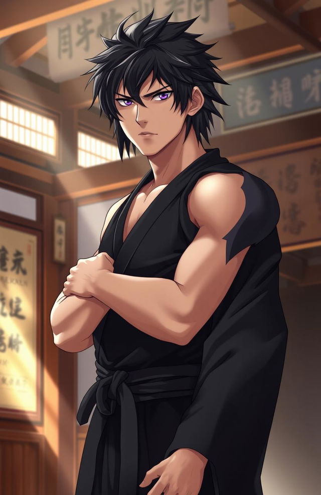 A male martial artist with shaggy black hair and striking amethyst eyes, dressed in a sleek black martial arts gi
