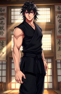 A male martial artist with shaggy black hair and striking amethyst eyes, dressed in a sleek black martial arts gi