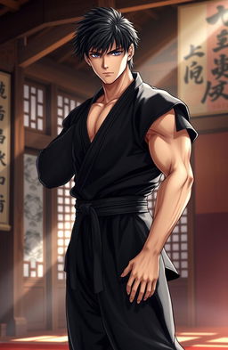 A male martial artist with shaggy black hair and striking amethyst eyes, dressed in a sleek black martial arts gi