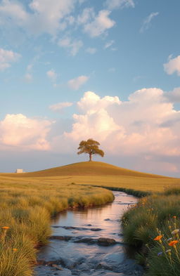 A serene and tranquil landscape illustrating solitude, featuring a lone tree on a hilltop against a vast sky filled with soft, fluffy clouds