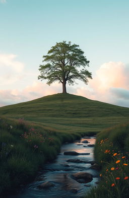 A serene and tranquil landscape illustrating solitude, featuring a lone tree on a hilltop against a vast sky filled with soft, fluffy clouds
