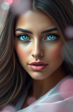 A stunning close-up portrait of a woman named Naila, whose captivating eyes are iridescent, shimmering with colors of green, blue, and purple