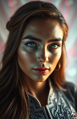 A stunning close-up portrait of a woman named Naila, whose captivating eyes are iridescent, shimmering with colors of green, blue, and purple