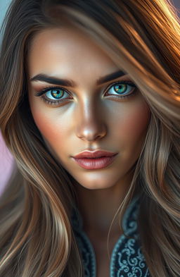 A stunning close-up portrait of a woman named Naila, whose captivating eyes are iridescent, shimmering with colors of green, blue, and purple
