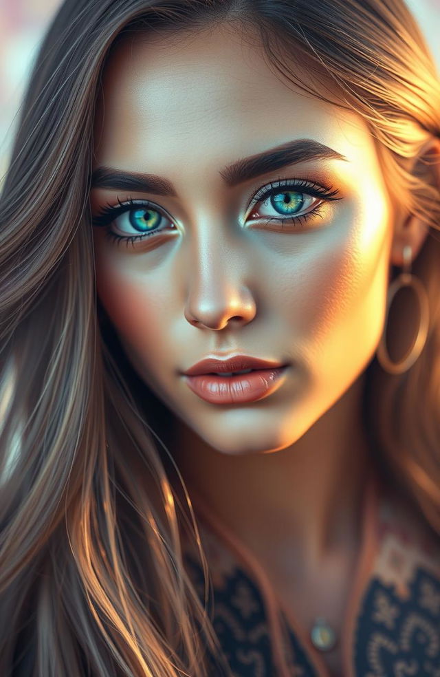 A stunning close-up portrait of a woman named Naila, whose captivating eyes are iridescent, shimmering with colors of green, blue, and purple