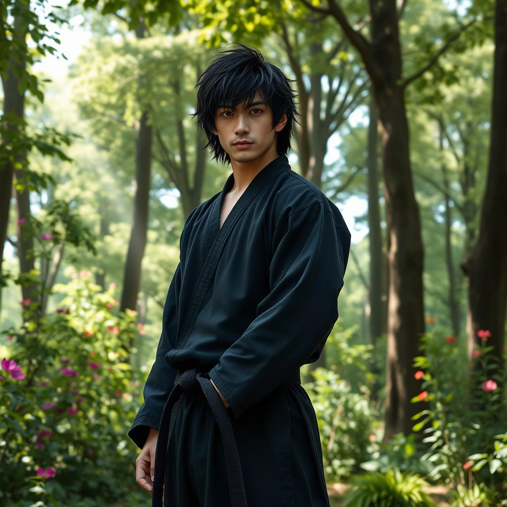 A male martial artist with shaggy black hair and striking amethyst eyes, dressed in a sleek black martial arts gi