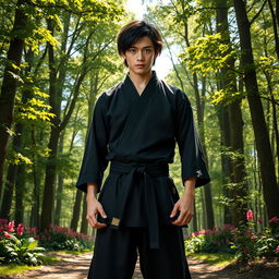 A male martial artist with shaggy black hair and striking amethyst eyes, dressed in a sleek black martial arts gi