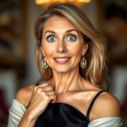 A beautiful 40-year-old woman dressed in a sexy but fully modest outfit, showcasing her allure without revealing any skin