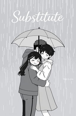 A black and gray book cover for the title 'Substitute', featuring a romantic scene of a couple standing together in the rain