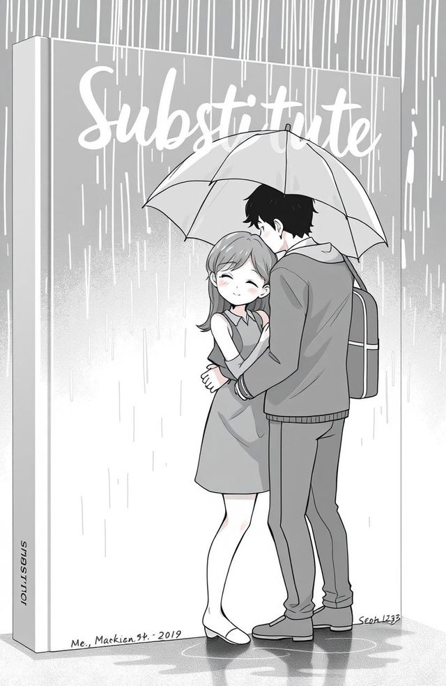 A black and gray book cover for the title 'Substitute', featuring a romantic scene of a couple standing together in the rain