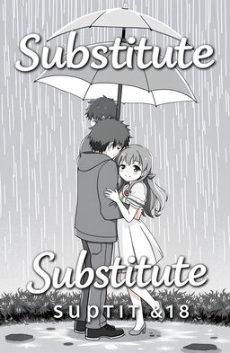 A black and gray book cover for the title 'Substitute', featuring a romantic scene of a couple standing together in the rain