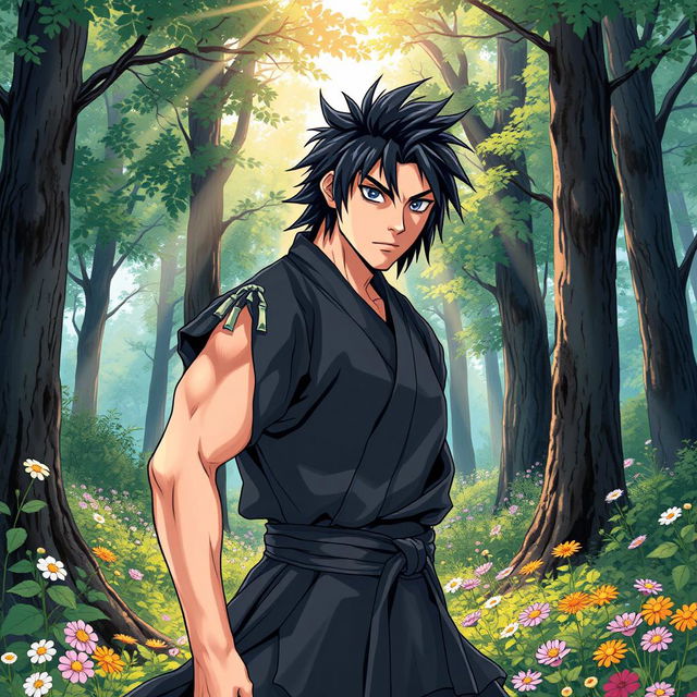 In a vibrant manga art style, depict a male martial artist with shaggy black hair and captivating amethyst eyes, dressed in a sleek black martial arts gi