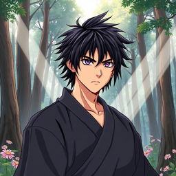 In a vibrant manga art style, depict a male martial artist with shaggy black hair and captivating amethyst eyes, dressed in a sleek black martial arts gi