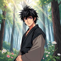 In a vibrant manga art style, depict a male martial artist with shaggy black hair and captivating amethyst eyes, dressed in a sleek black martial arts gi