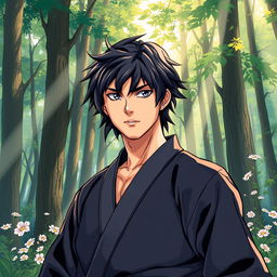 In a vibrant manga art style, depict a male martial artist with shaggy black hair and captivating amethyst eyes, dressed in a sleek black martial arts gi