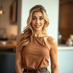 A gorgeous 40-year-old woman dressed in a sexy yet modest outfit, showcasing her attractive style without revealing any skin