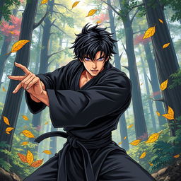 In a vibrant manga art style, illustrate a male martial artist with shaggy black hair and mesmerizing amethyst eyes, dressed in a sleek black martial arts gi