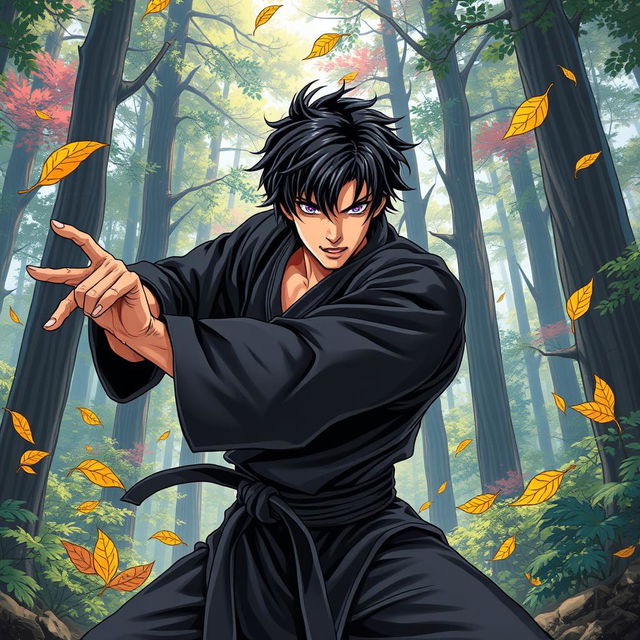 In a vibrant manga art style, illustrate a male martial artist with shaggy black hair and mesmerizing amethyst eyes, dressed in a sleek black martial arts gi