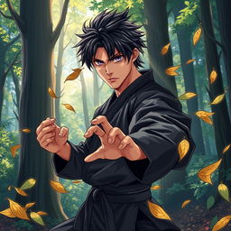 In a vibrant manga art style, illustrate a male martial artist with shaggy black hair and mesmerizing amethyst eyes, dressed in a sleek black martial arts gi