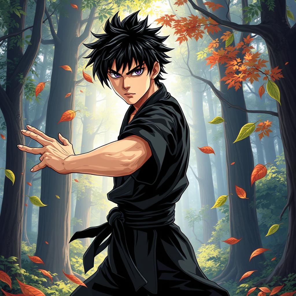 In a vibrant manga art style, illustrate a male martial artist with shaggy black hair and mesmerizing amethyst eyes, dressed in a sleek black martial arts gi