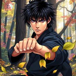 In a vibrant manga art style, illustrate a male martial artist with shaggy black hair and mesmerizing amethyst eyes, dressed in a sleek black martial arts gi