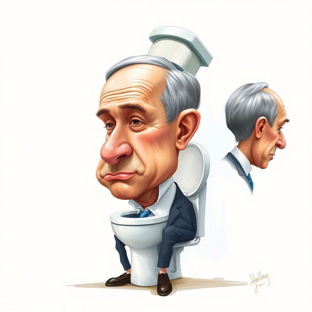 A whimsical caricature of Benjamin Netanyahu featuring an exaggerated head shaped like a toilet, emphasizing humorous aspects of his likeness