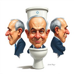 A whimsical caricature of Benjamin Netanyahu featuring an exaggerated head shaped like a toilet, emphasizing humorous aspects of his likeness