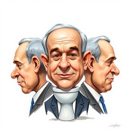A whimsical caricature of Benjamin Netanyahu featuring an exaggerated head shaped like a toilet, emphasizing humorous aspects of his likeness