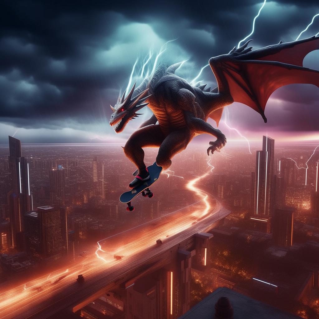 A daredevil skateboarder soaring mid-air amidst a turbulent storm, lit by intensive lightning, performing an awe-inspiring trick above a futuristic glowing city, with dragons soaring in the backdrop.