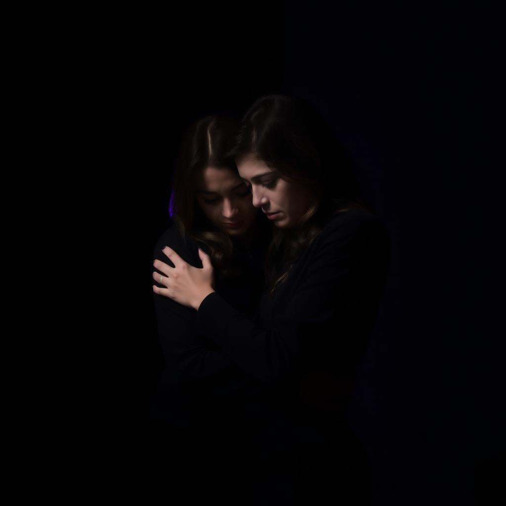 A poignant and emotional scene depicting a couple of two women in a moment of sadness, set against a dark background that transitions from black to deep violet and blue hues