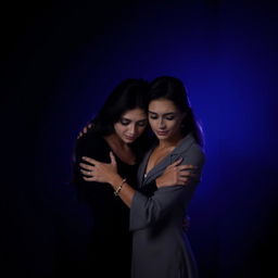 A poignant and emotional scene depicting a couple of two women in a moment of sadness, set against a dark background that transitions from black to deep violet and blue hues