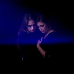 A poignant and emotional scene depicting a couple of two women in a moment of sadness, set against a dark background that transitions from black to deep violet and blue hues
