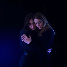 A poignant and emotional scene depicting a couple of two women in a moment of sadness, set against a dark background that transitions from black to deep violet and blue hues