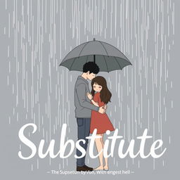 A gray and predominantly black book cover for the title 'Substitute', featuring a loving couple standing closely together in the rain