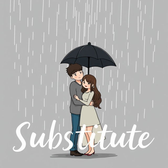 A gray and predominantly black book cover for the title 'Substitute', featuring a loving couple standing closely together in the rain