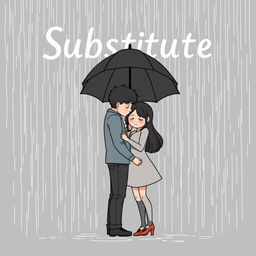 A gray and predominantly black book cover for the title 'Substitute', featuring a loving couple standing closely together in the rain